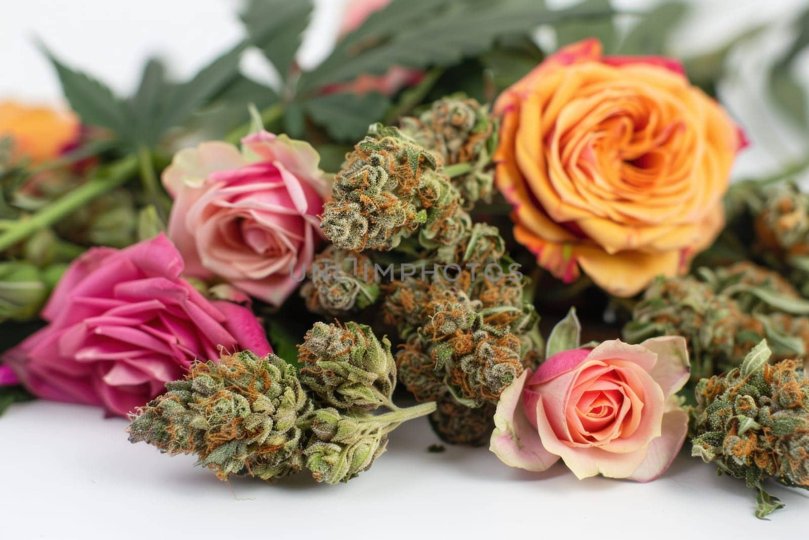 Marijuana and roses bouquet on white background for beauty and medical cannabis concept