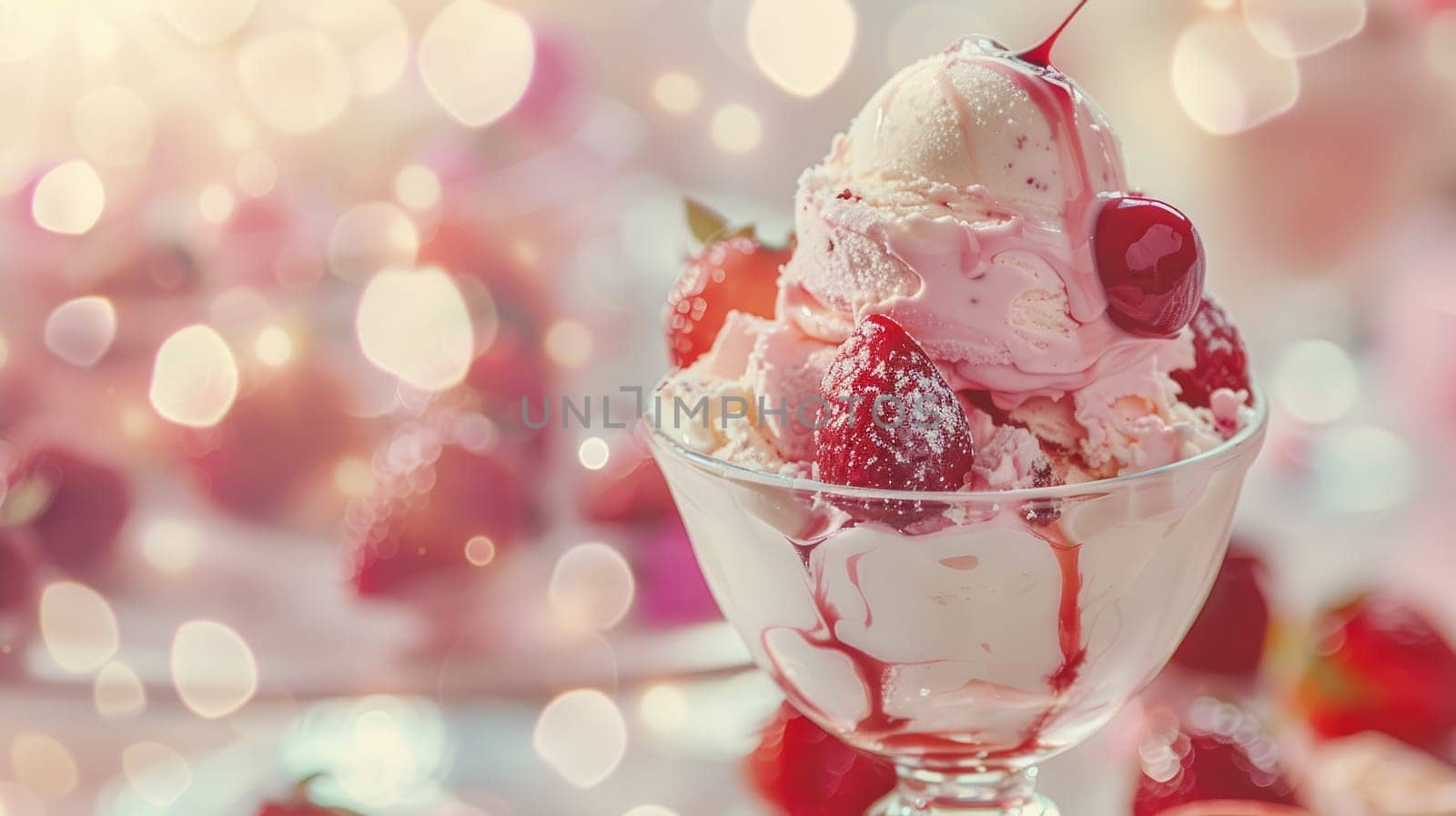 A glass of ice cream with strawberries and cherry on top