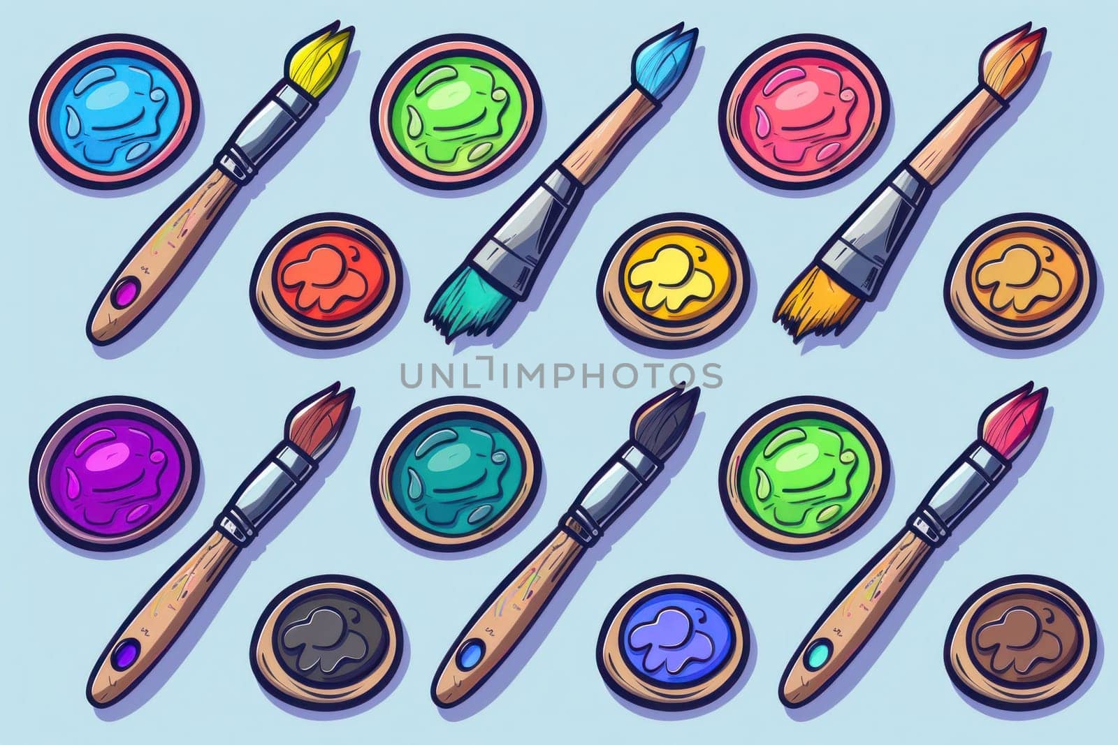 Colorful paint brushes and paint pots on blue background with white background, art supplies concept