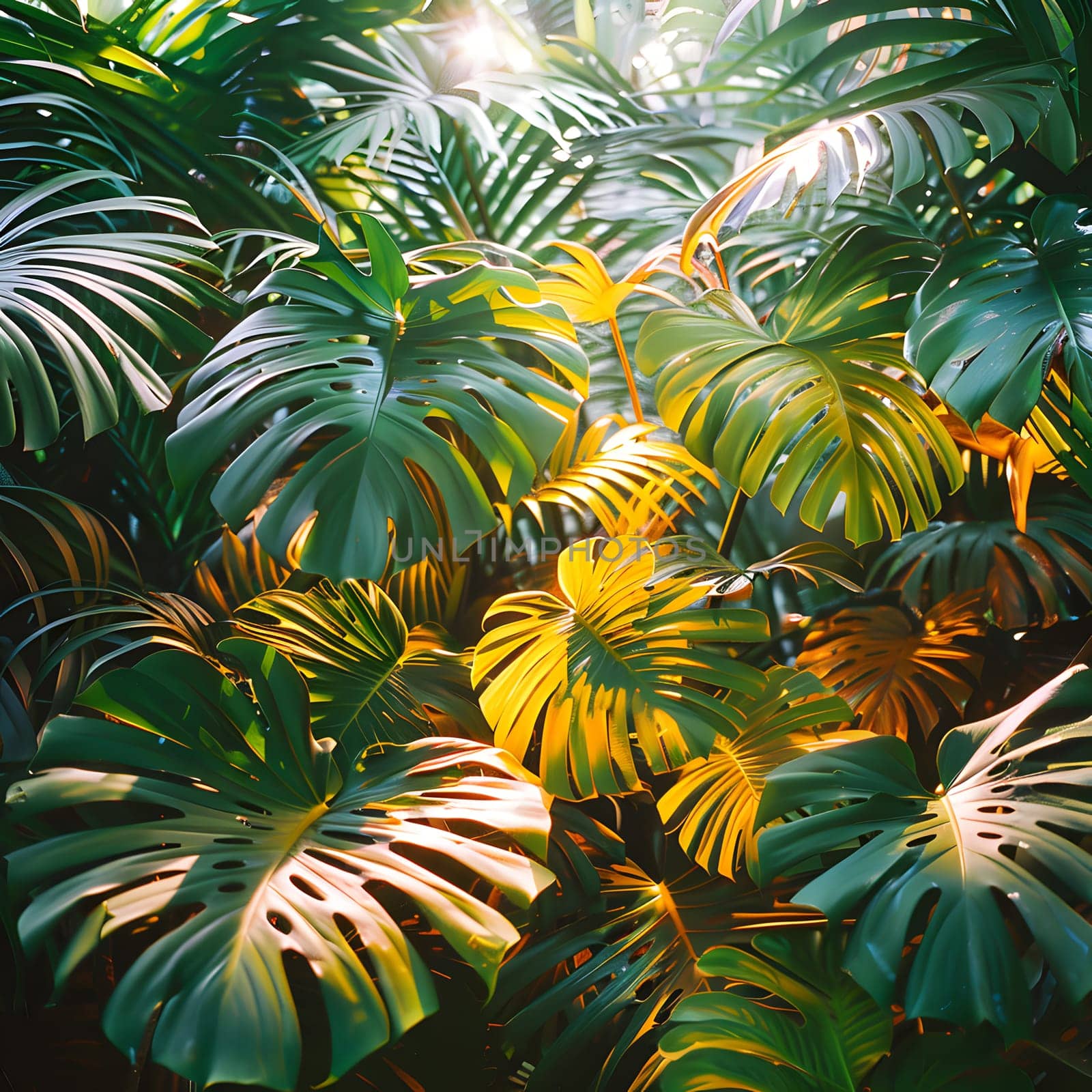 The sunlight filters through the leaves of a tropical plant, illuminating the natural environment and highlighting the vibrant green vegetation