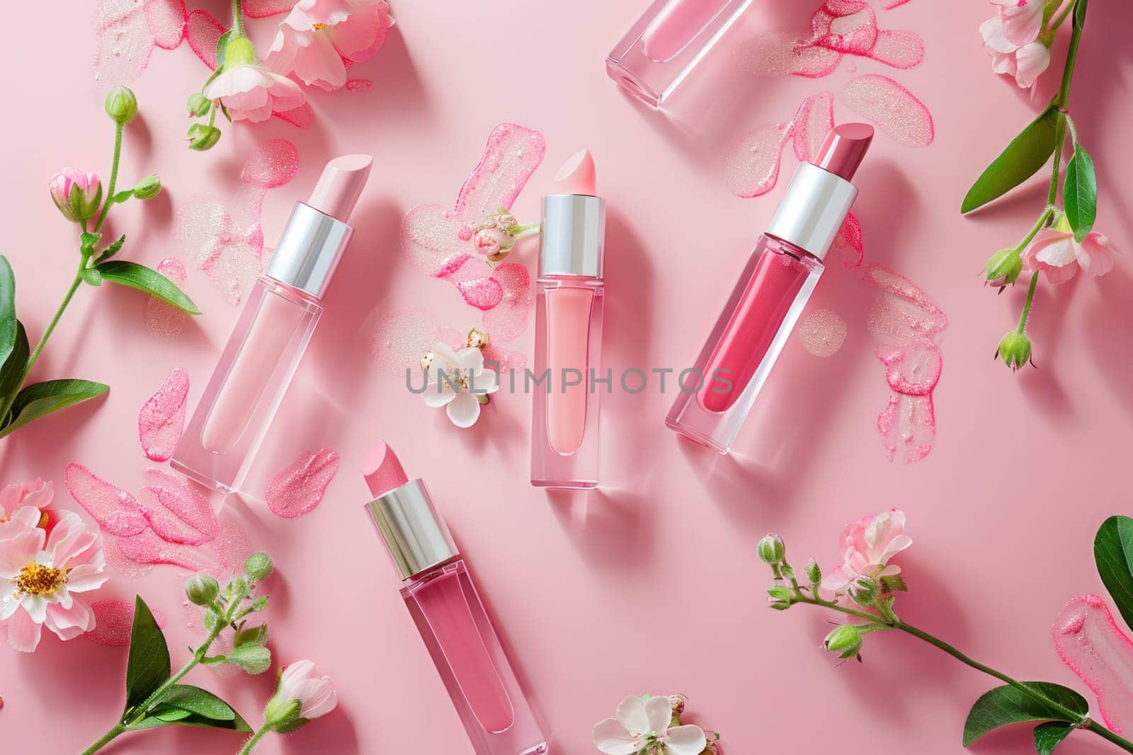 Pink lip gloss and flowers beauty and fashion flat lay with leaves on pink background