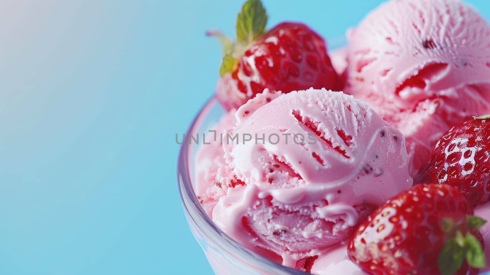 A glass of ice cream with strawberries and cherry on top.