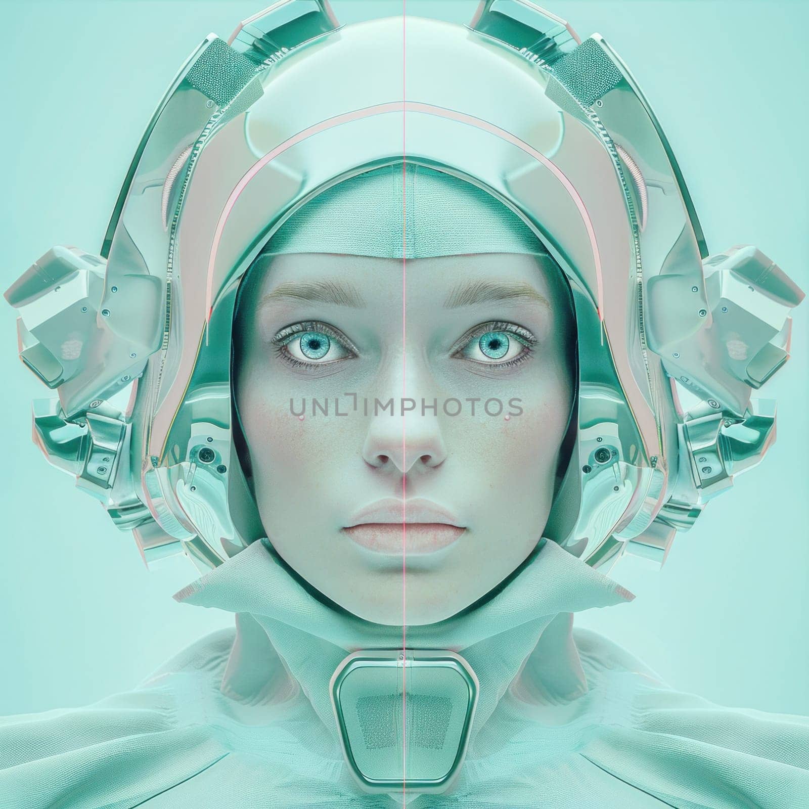 Futuristic beauty in twotone suit portrait of a woman with unique face makeup for art and fashion concept