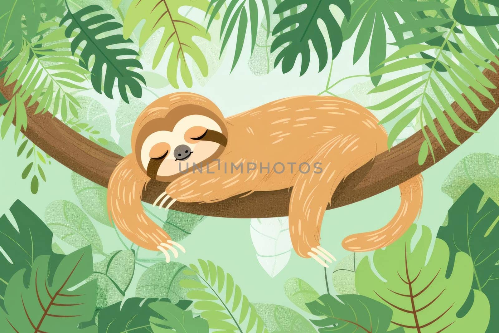 Sloth sleeping on a tree branch in the jungle nature illustration for travel and wildlife concepts