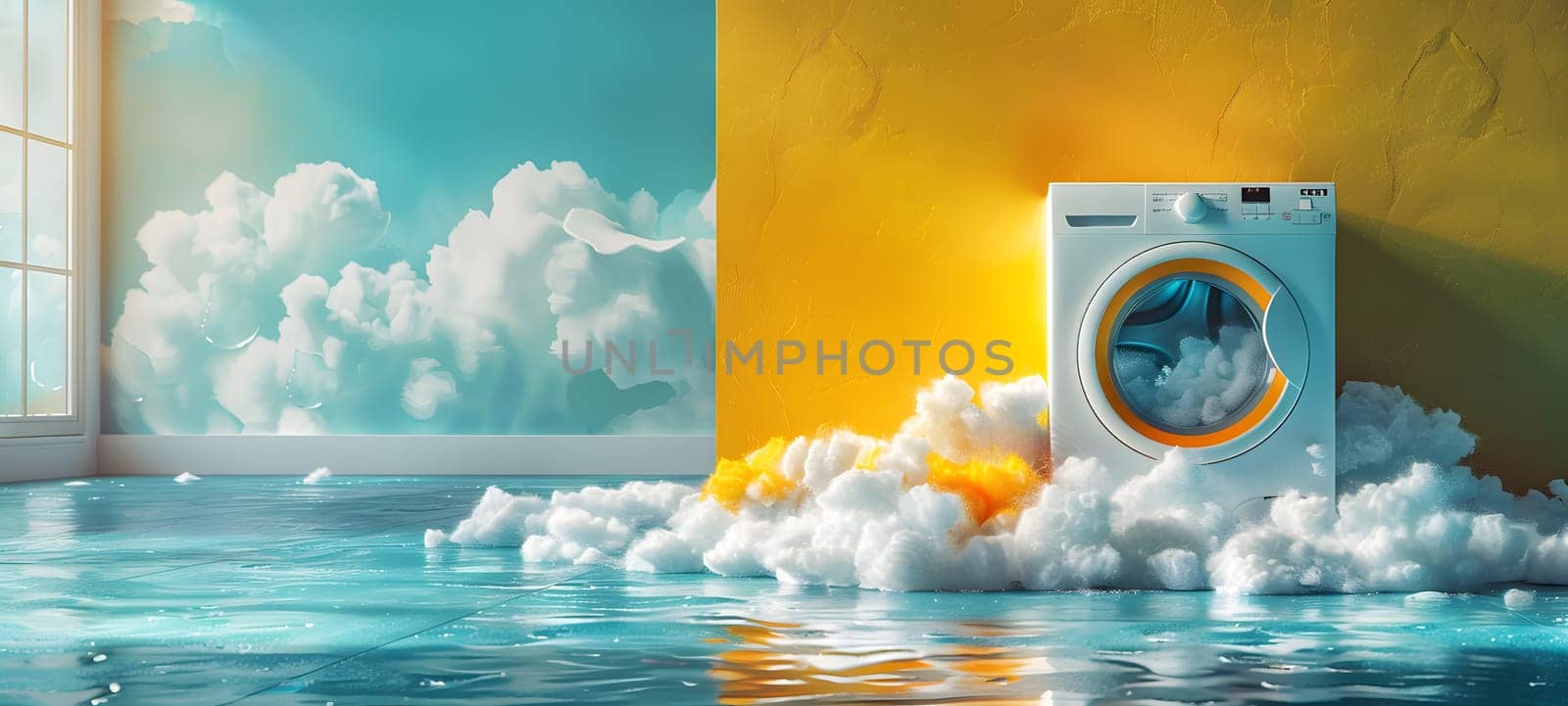 A washing machine floats in a room filled with water, surrounded by clouds. The liquid world creates an art piece blending sky, paint, aqua, and cumulus clouds on the horizon