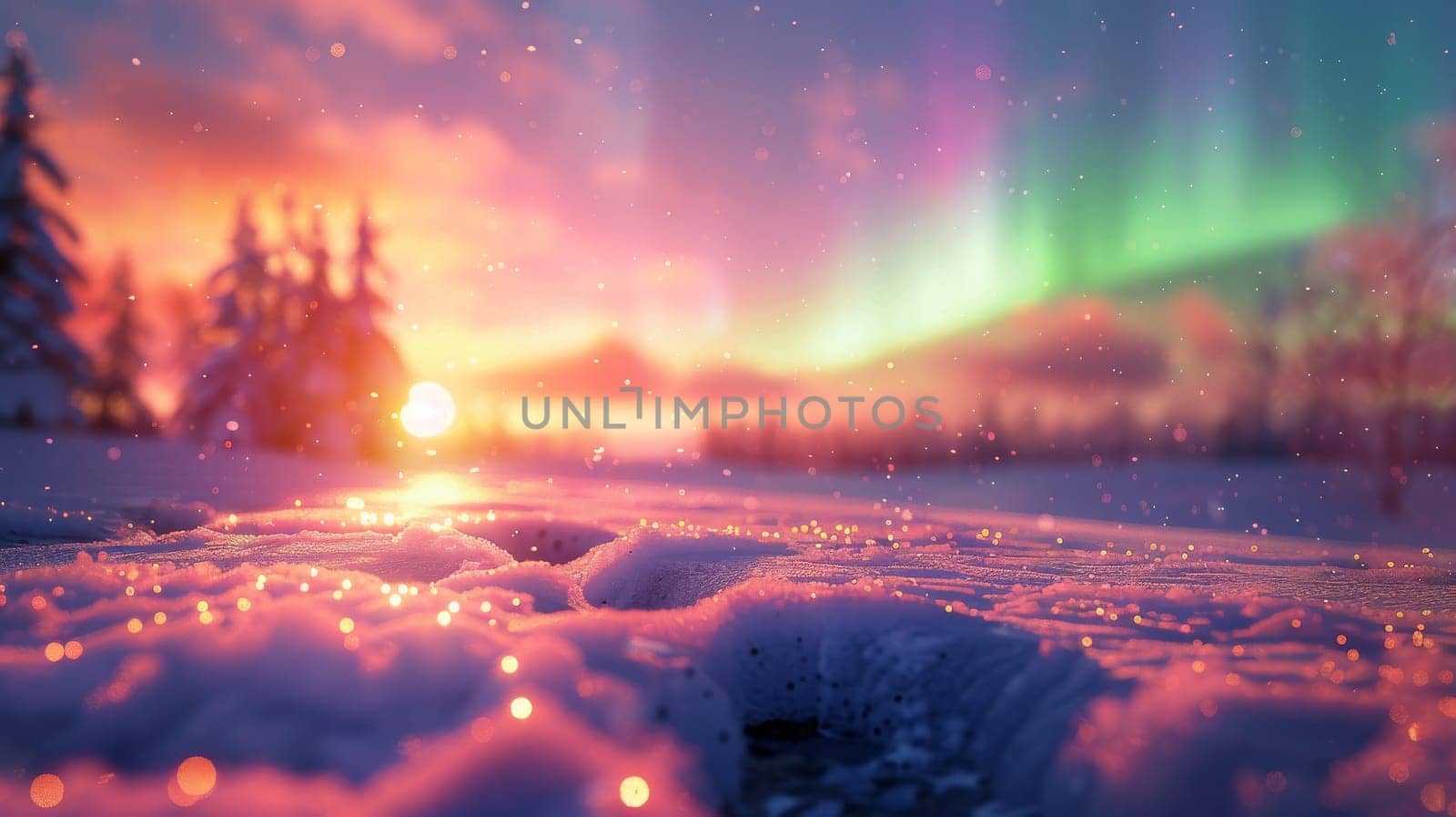 A beautiful, serene landscape of a snowy field with a bright sun in the background. The sky is filled with auroras, creating a sense of wonder and awe. The scene evokes a feeling of tranquility