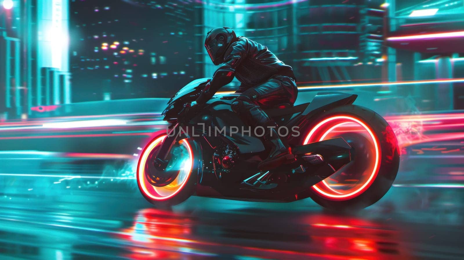 Night city ride motorcycle adventure with neon lights in urban landscape