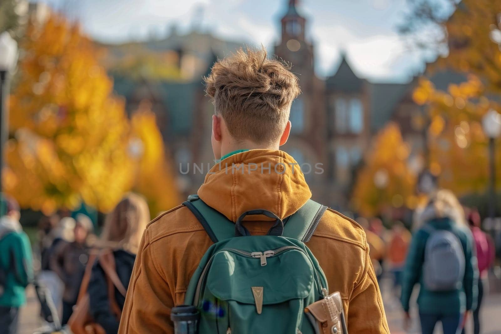 Student with school bag standing in front of school. back to school concept.