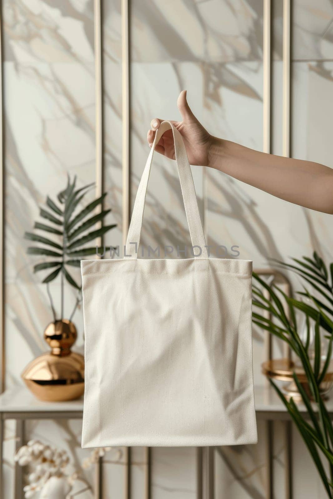 A white tote bag with a leaf on it sits on a table with a flower.