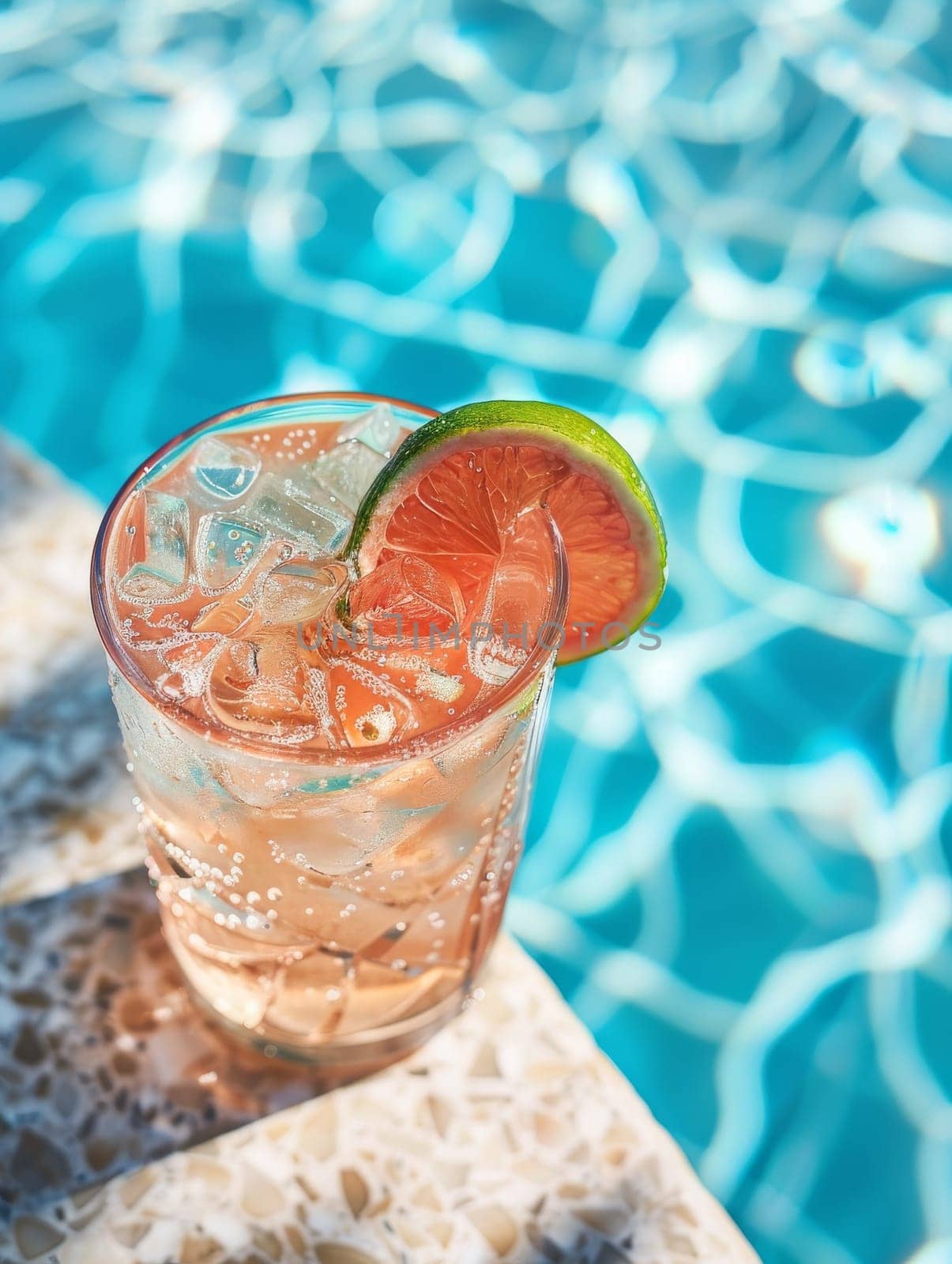 A glass of pink drink with ice cubes in it is sitting on a ledge by a pool. The drink is a refreshing beverage to enjoy on a hot day by the water