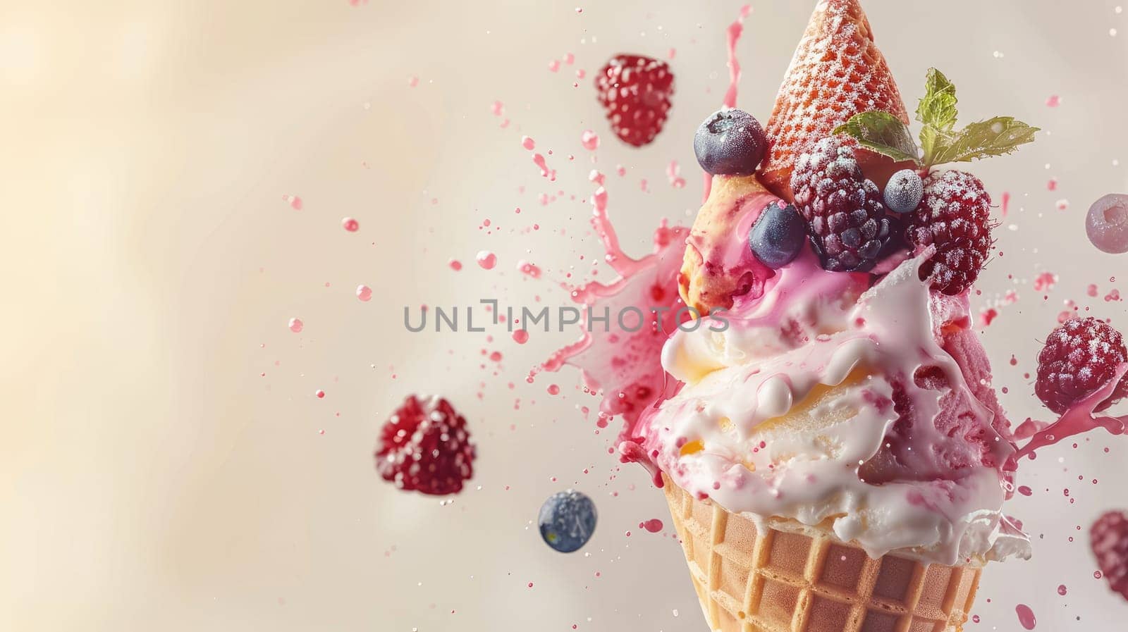 A scoop of ice cream with raspberries and blueberries on top. The ice cream is melting and dripping down the cone