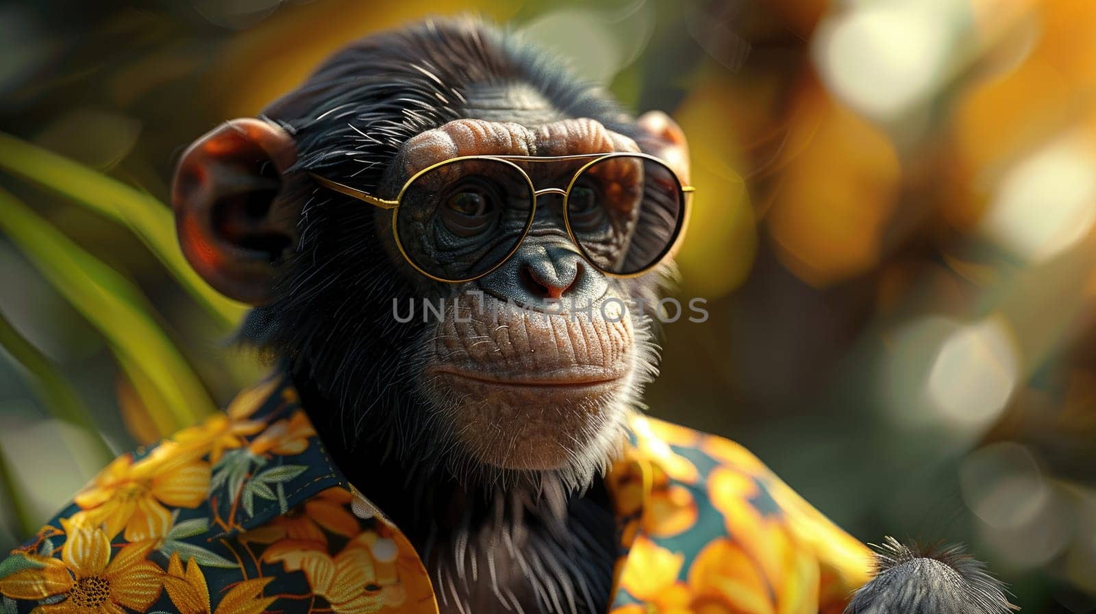 A stylish monkey wearing sunglasses and summer suit, animal funny pop art, A monkey in summer clothes.
