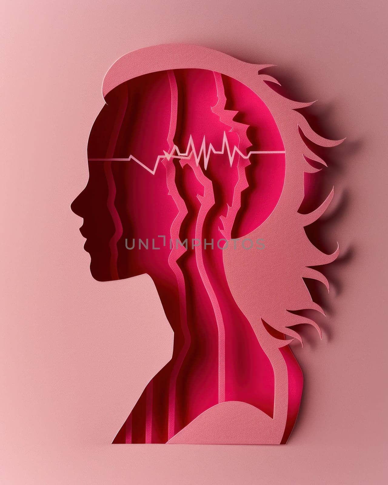 Anatomy of emotions woman's head paper cut with ecg line representing medical, mental health and emotions concept