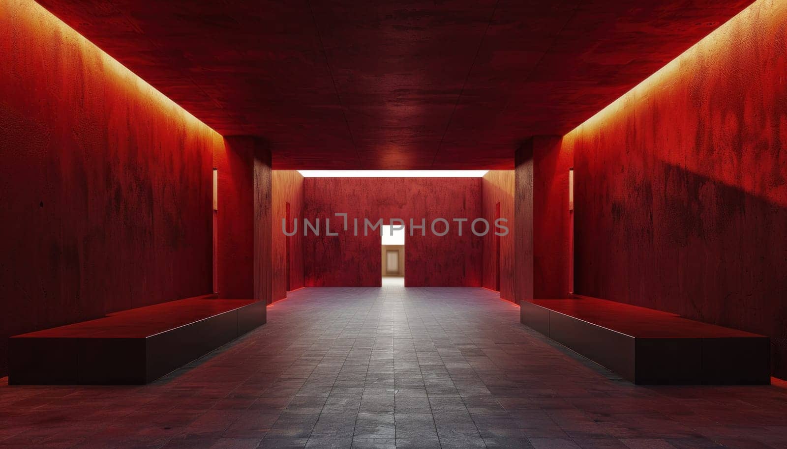 Long hallway with red walls and a bench in the middle of the room with a light shining down on it modern business traveler relaxing in stylish hallway with red walls and bench