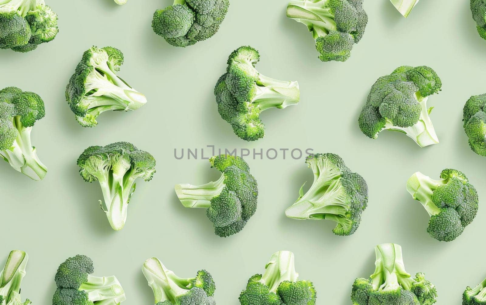 Pattern of green broccoli pieces on light green tablecloth for healthy eating and nutrition concept