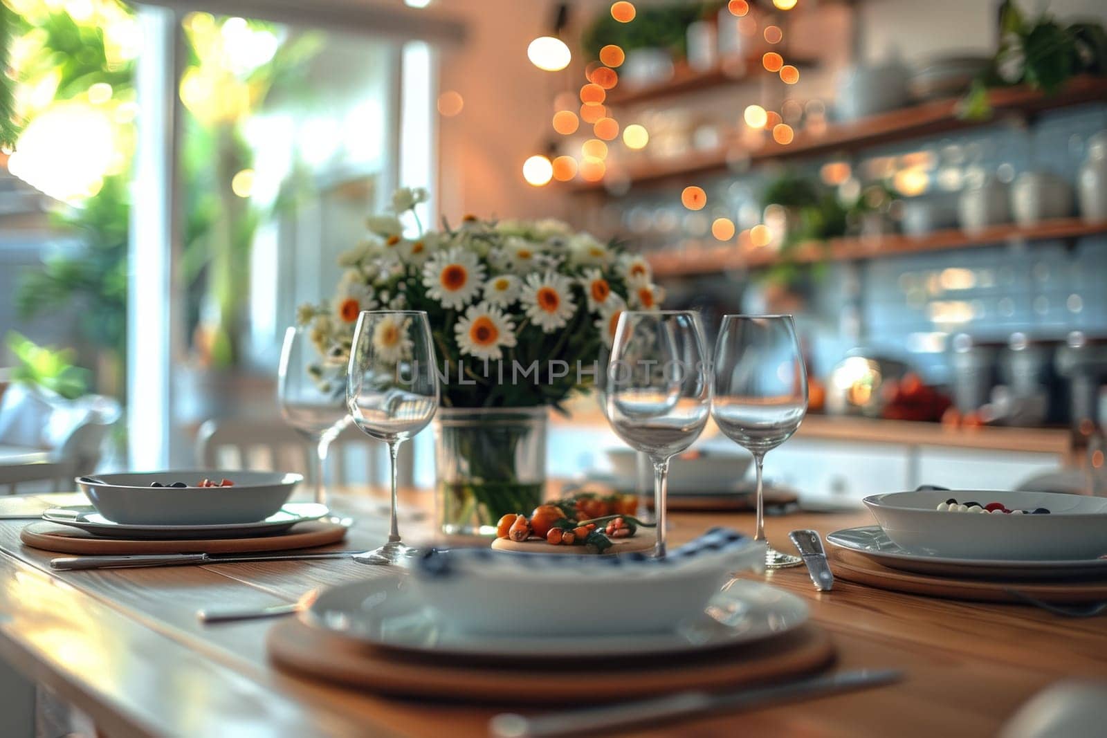 A table with a vase of flowers and wine glasses, and a plate of food. Scene is warm and inviting, with the flowers and wine glasses adding a touch of elegance to the setting