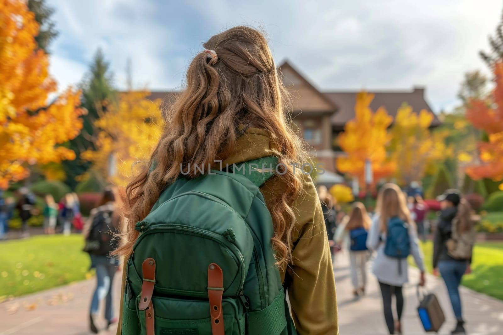 Student with school bag standing in front of school. back to school concept.