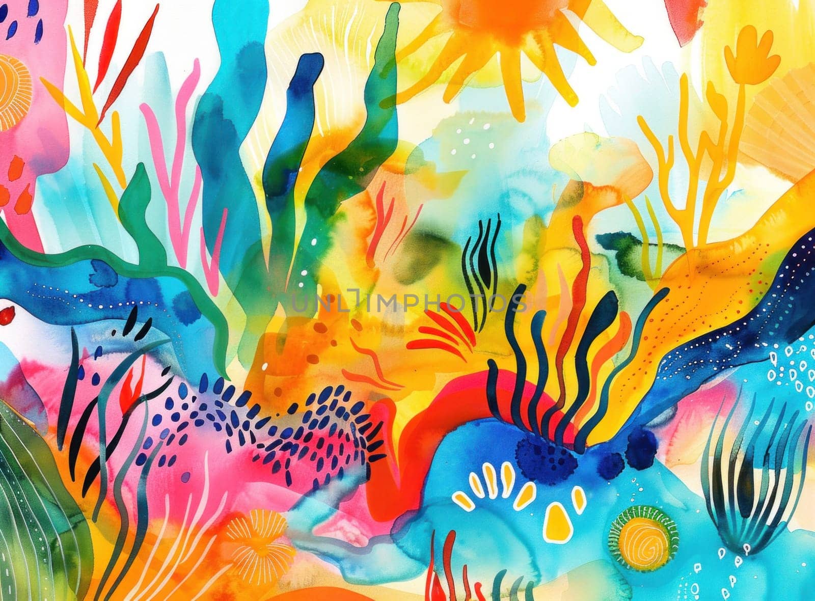 Underwater scene with colorful fish and plants in watercolor for art and travel inspiration