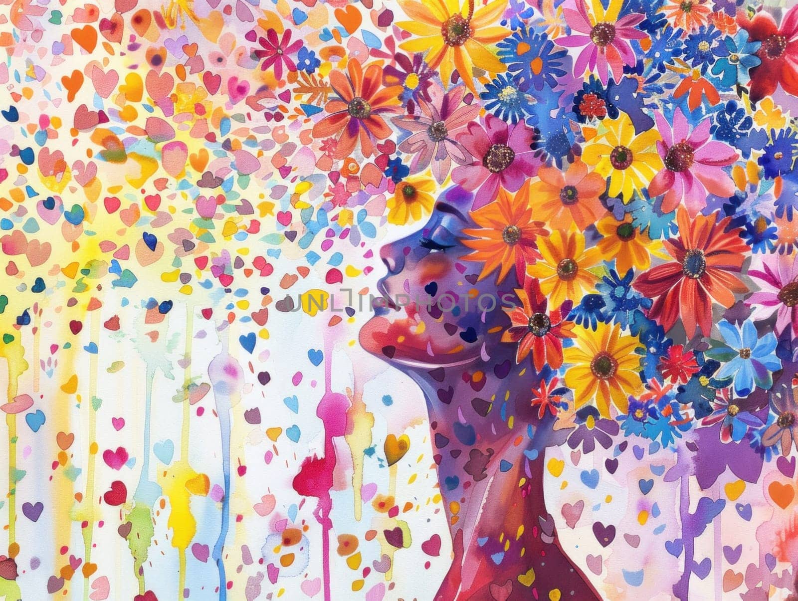 Woman with flowers in hair a vibrant portrait celebrating beauty and artistic expression through colorful splatters