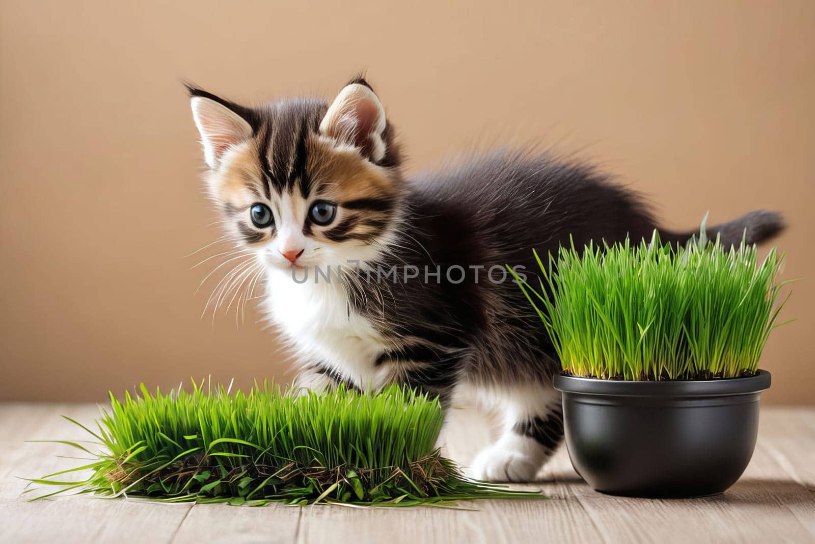 Capture the joy of a small kitten enjoying a snack of fresh grass from a pot, radiating happiness and contentment within a frame of copy space