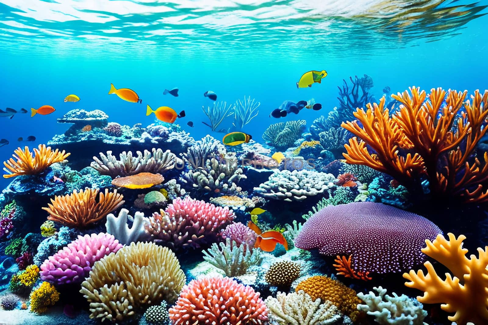 Underwater coral reef landscape with colorful fish