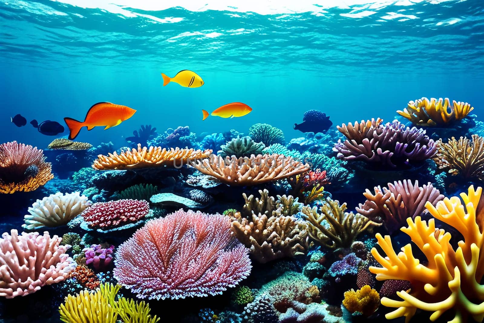 Underwater coral reef landscape with colorful fish