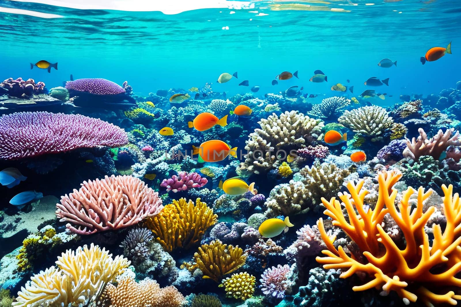 Underwater coral reef landscape with colorful fish