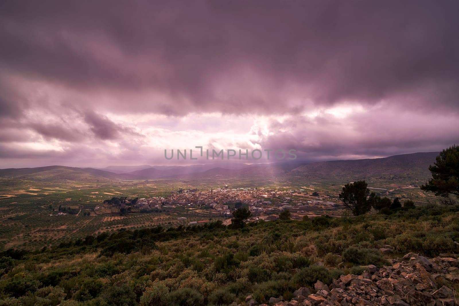 Alcublas, aerial view, cloudy and sunny day, Mystic, sunbeams, hole in the clouds, mountain scenery