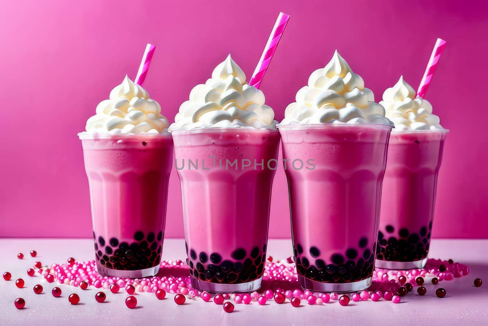 Colorful and joyful scene featuring a sweet pink bubble tea with whipped cream and tapioca pearls