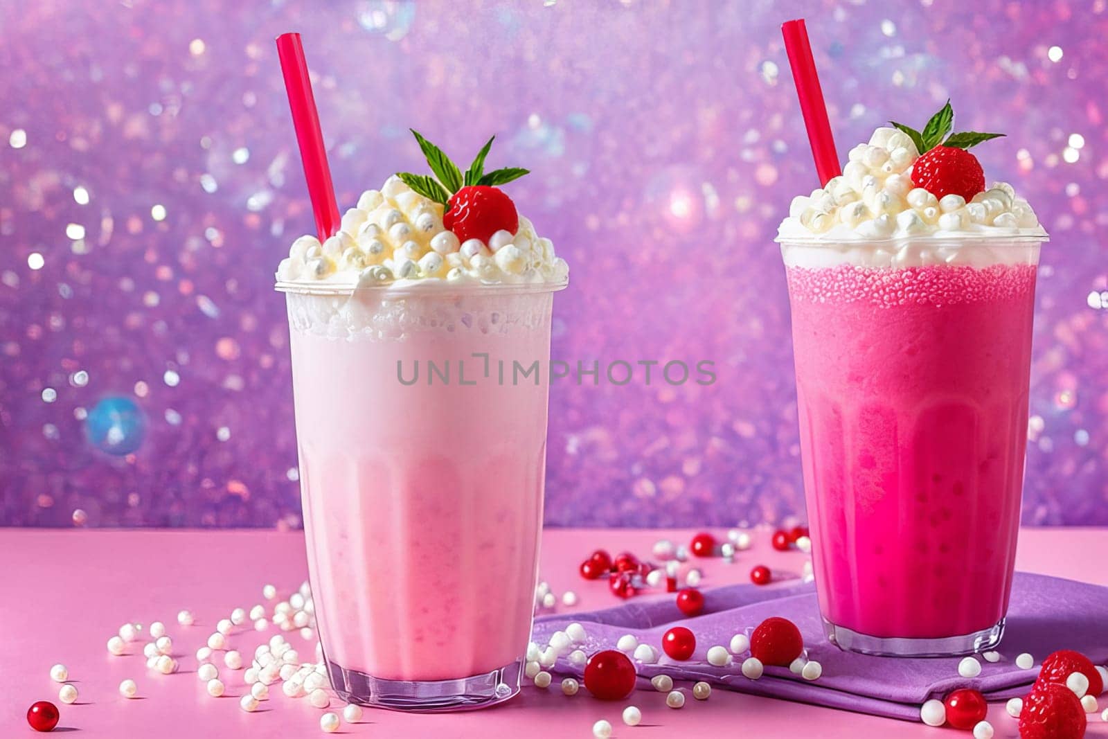 Colorful and joyful scene featuring a sweet pink bubble tea with whipped cream and tapioca pearls