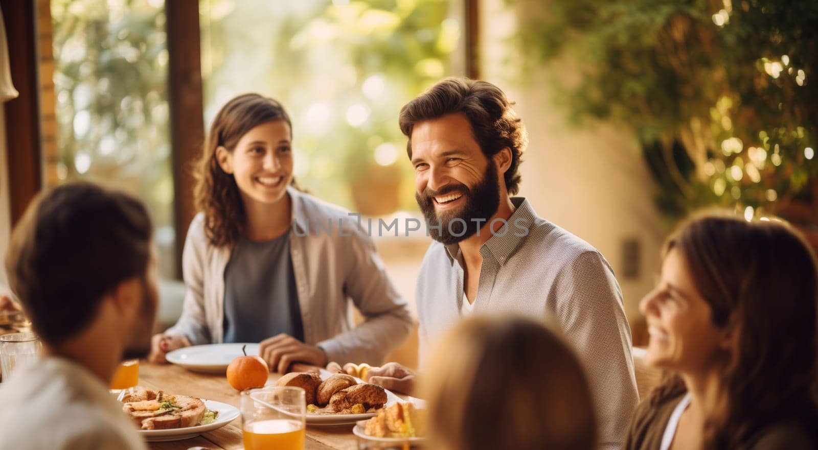 Happy family eating food in house at the dining table sitting together at lunch, people laughing having conversation at home