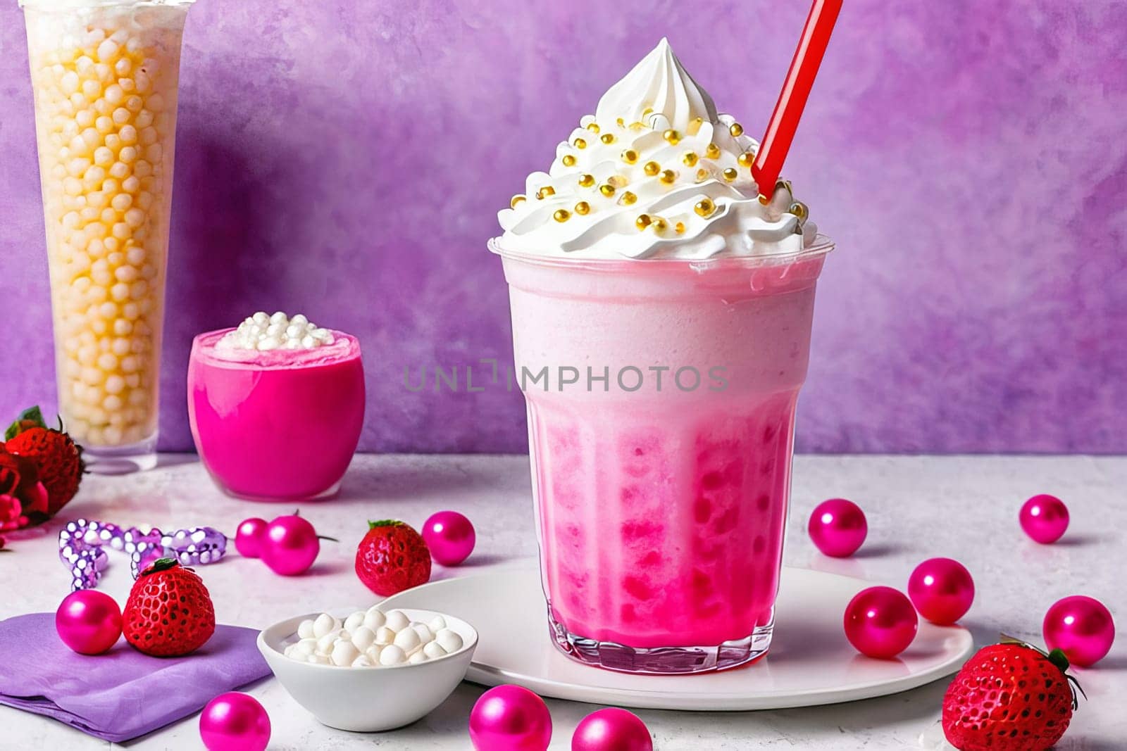 Tasty pink bubble tea accented with whipped cream and tapioca pearls against a merry backdrop