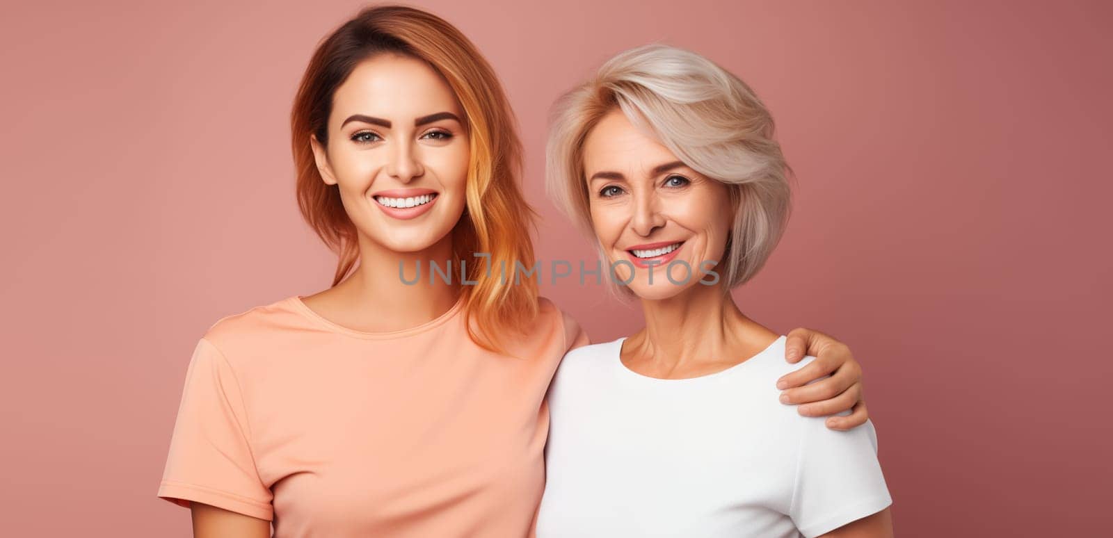 Portrait of happy smiling mature mother and adult daughter, two women together looking at camera on studio background