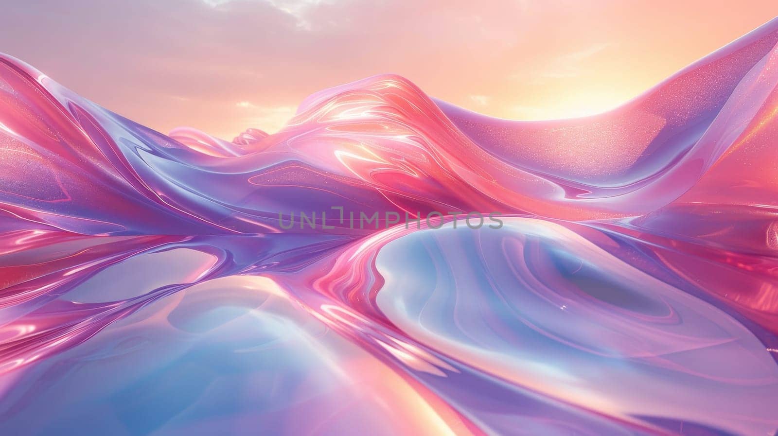 A colorful, abstract background with a blue and pink sky. The sky is filled with bright colors and the ground is a mix of blue and pink. Scene is vibrant and energetic