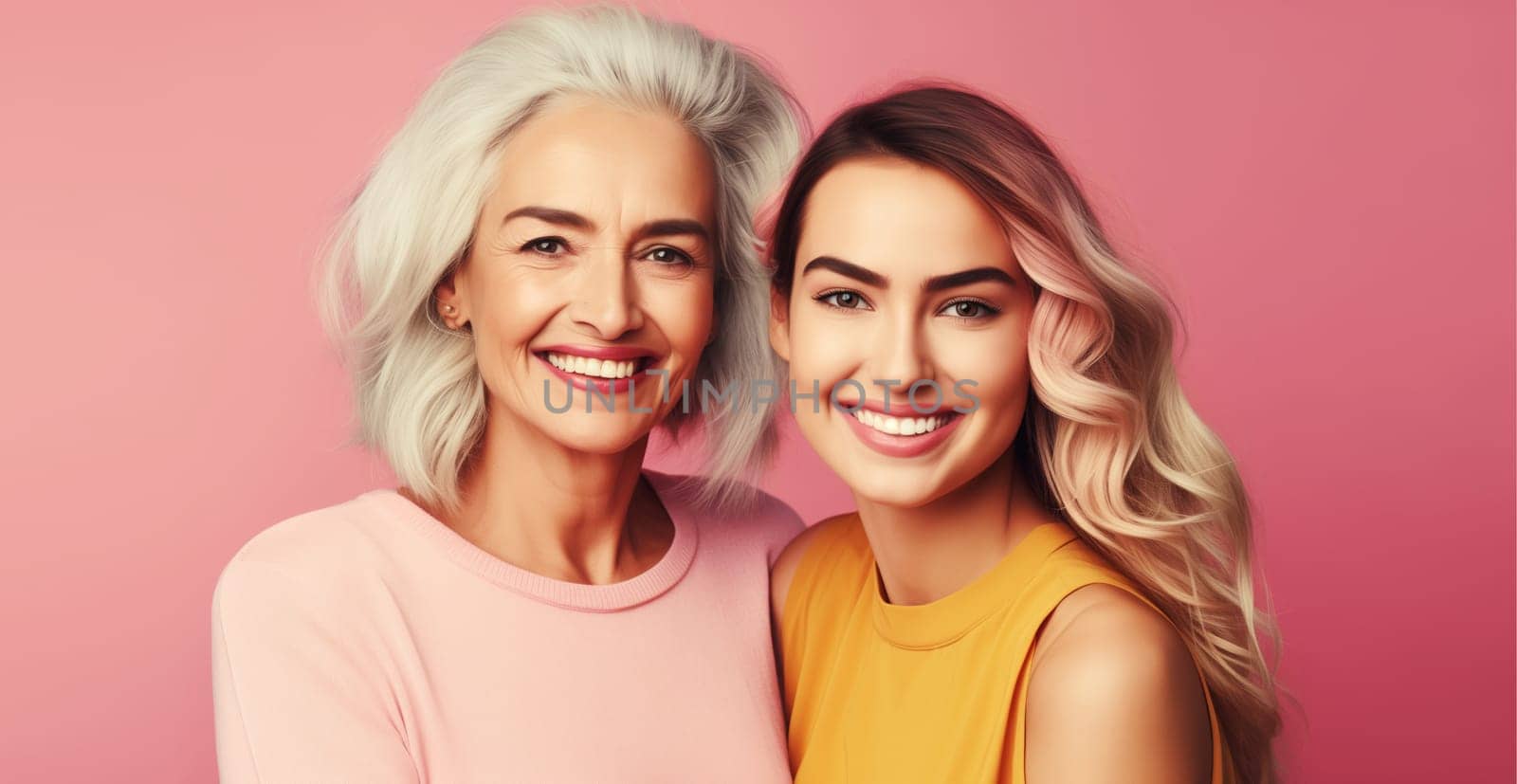 Portrait of happy smiling mature mother and adult daughter, two women together looking at camera on color studio background