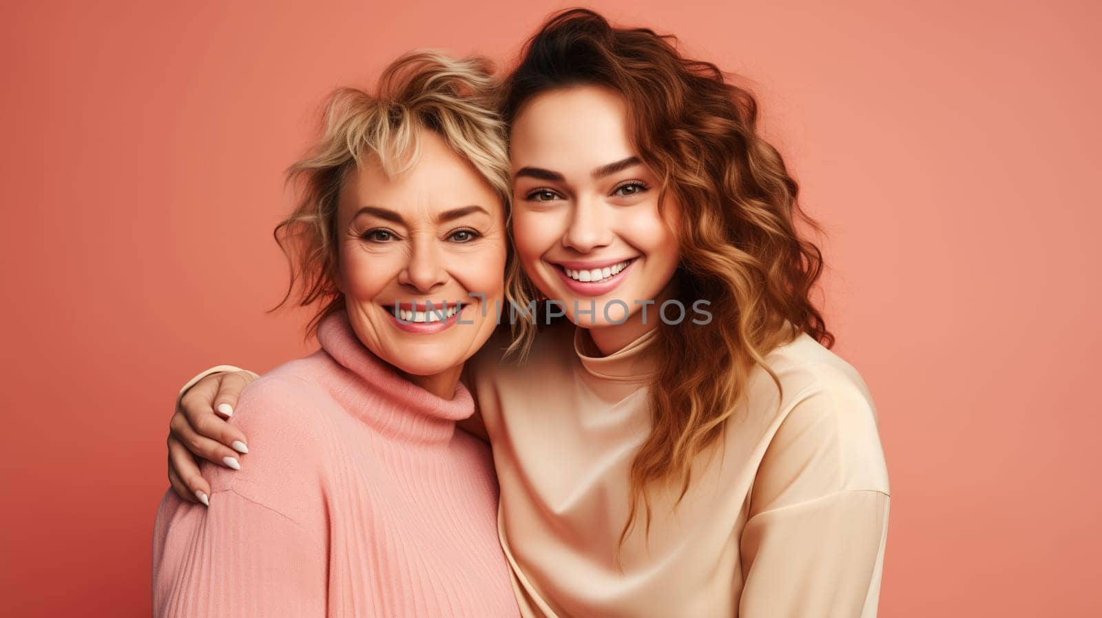 Portrait of happy smiling mature mother and adult daughter, two women together looking at camera on studio background