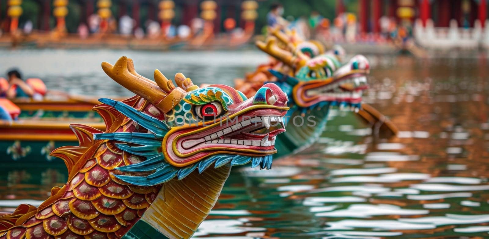 A silhouette of a dragon boat team racing at dusk with water glistening in the fiery sunlight, evoking the fervor of the sport. Asian festival by sfinks