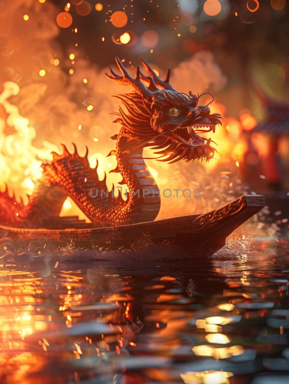 Majestic dragon boat with flames along its body, floating on tranquil waters at sunset, with silhouetted spectators