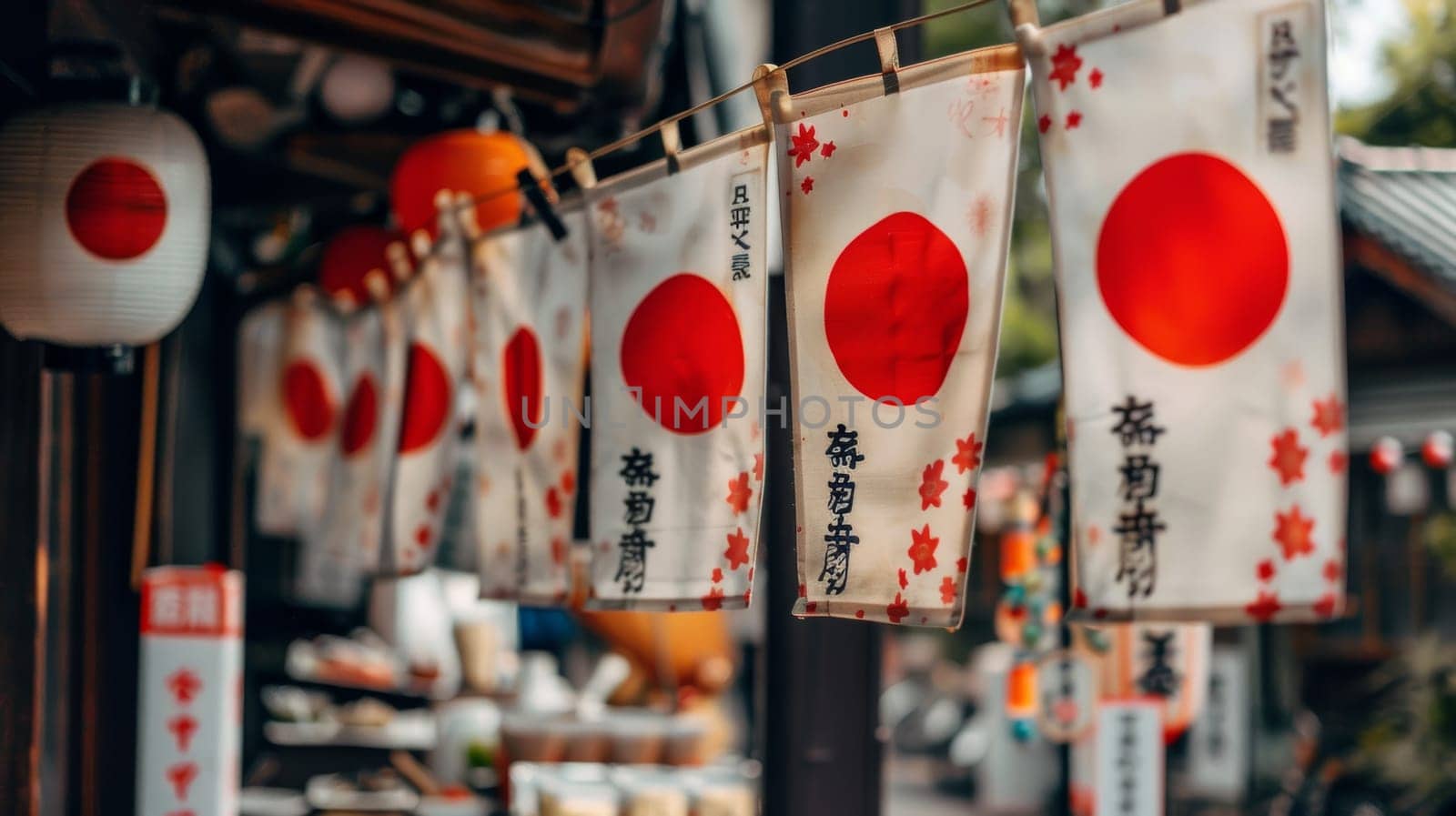 Japanese flag banners displayed with pride alongside traditional red circle lanterns in a serene alley, celebrating Japans rich cultural heritage. by sfinks