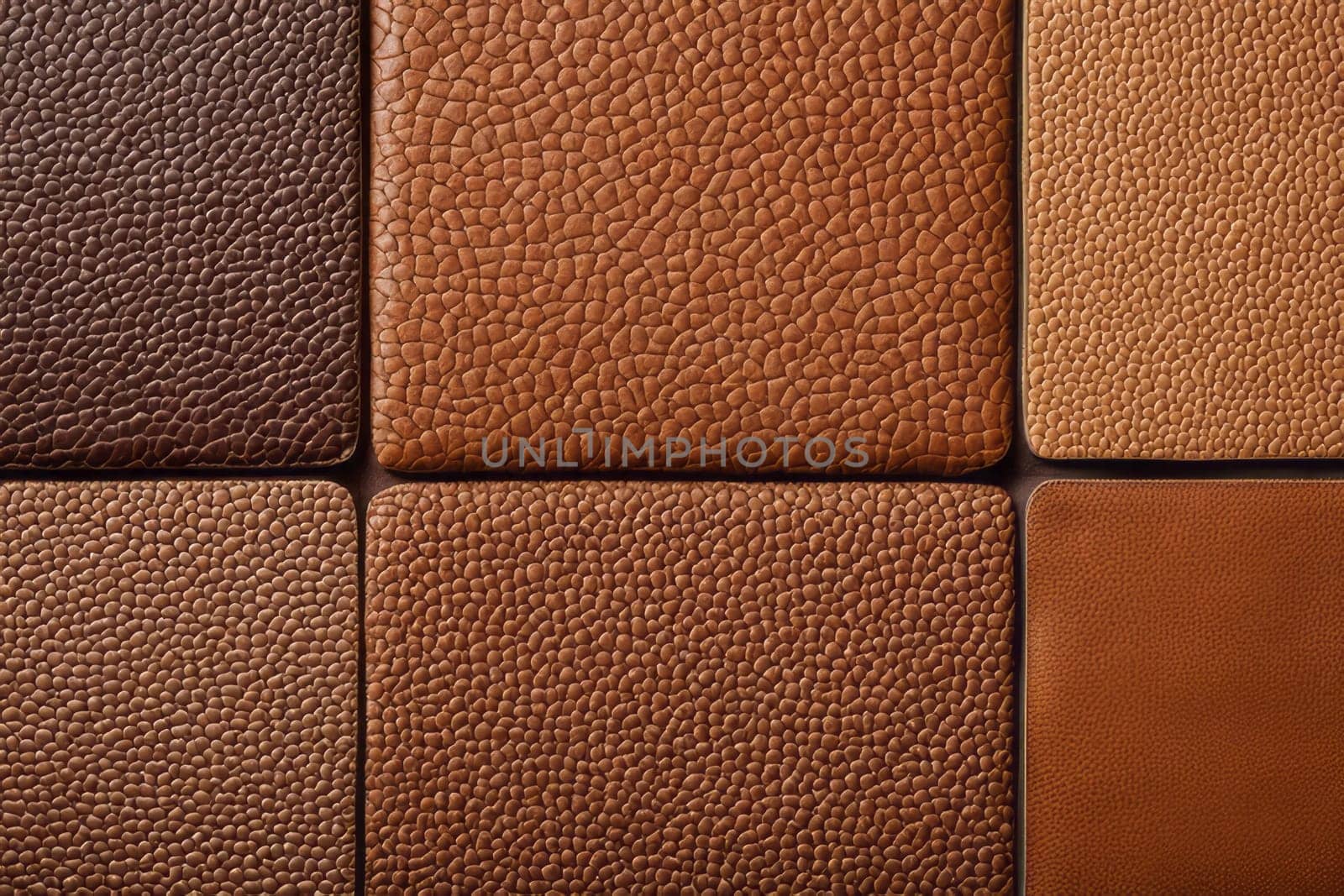 Detailed close-up display of a variety of brown textured leather pieces