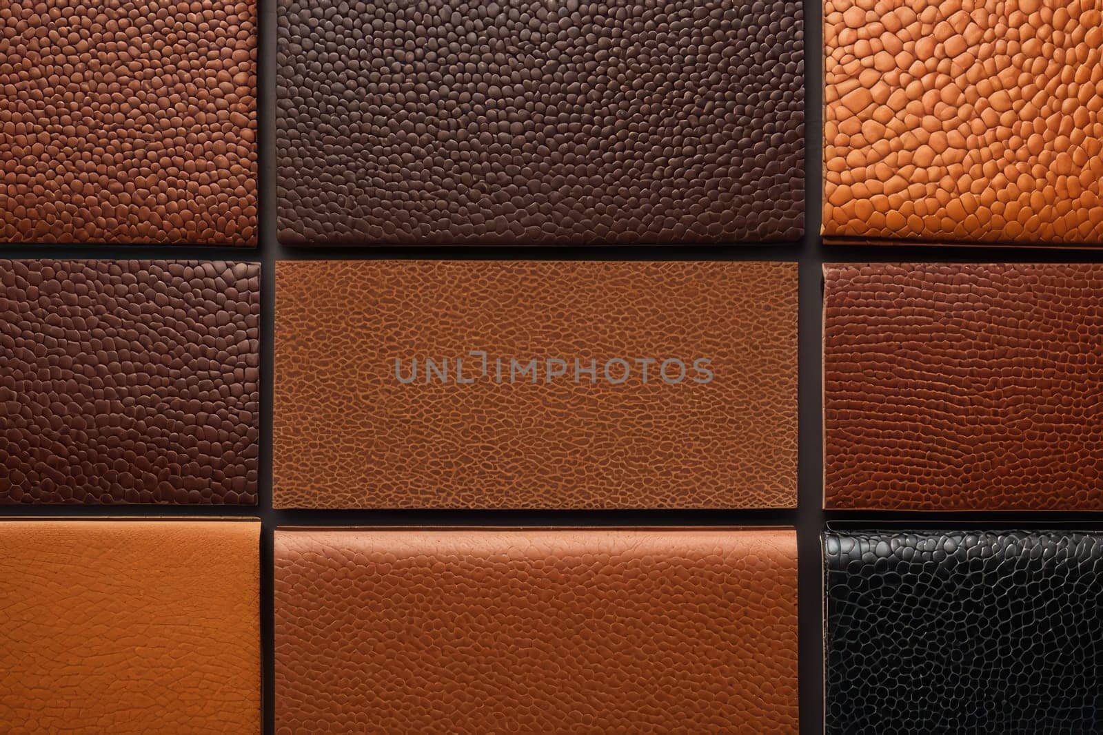 Array of different shades and patterns of brown textured leather, captured in detail