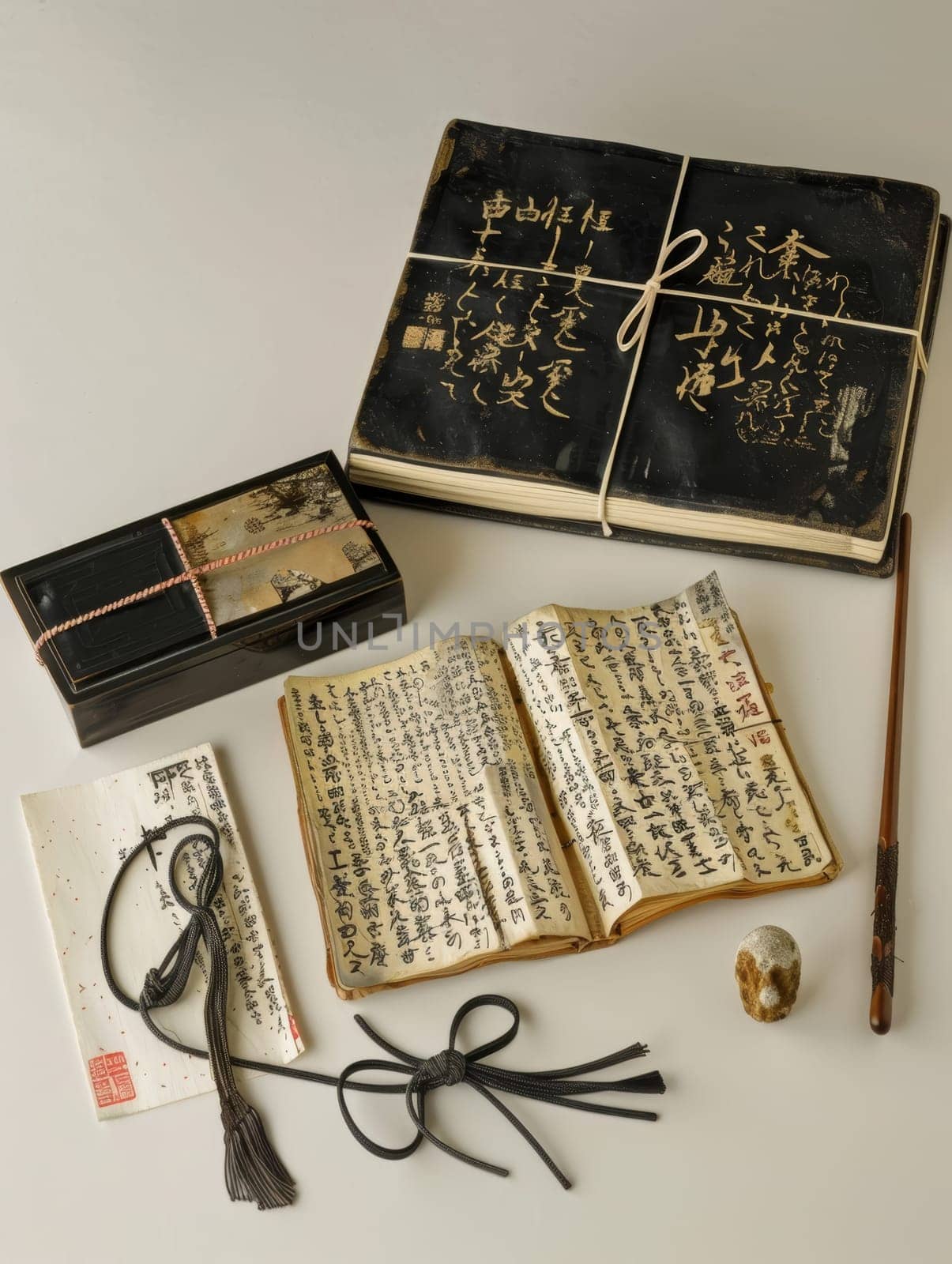 An assortment of traditional Japanese calligraphy tools and antique books laid out on a neutral background