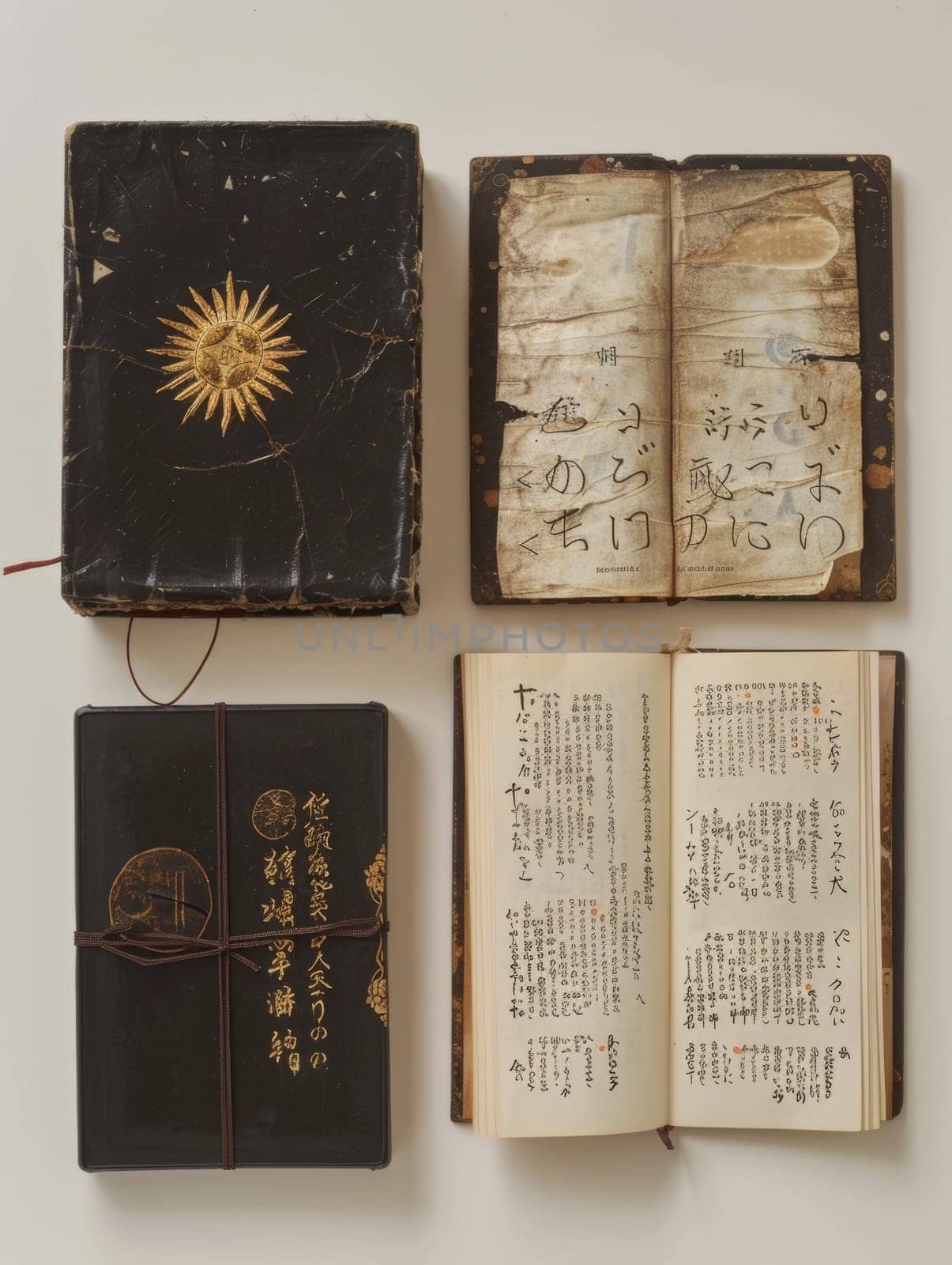 A stack of historical Japanese books with intricate golden emblems and textured covers, embodying the essence of traditional Asian literature