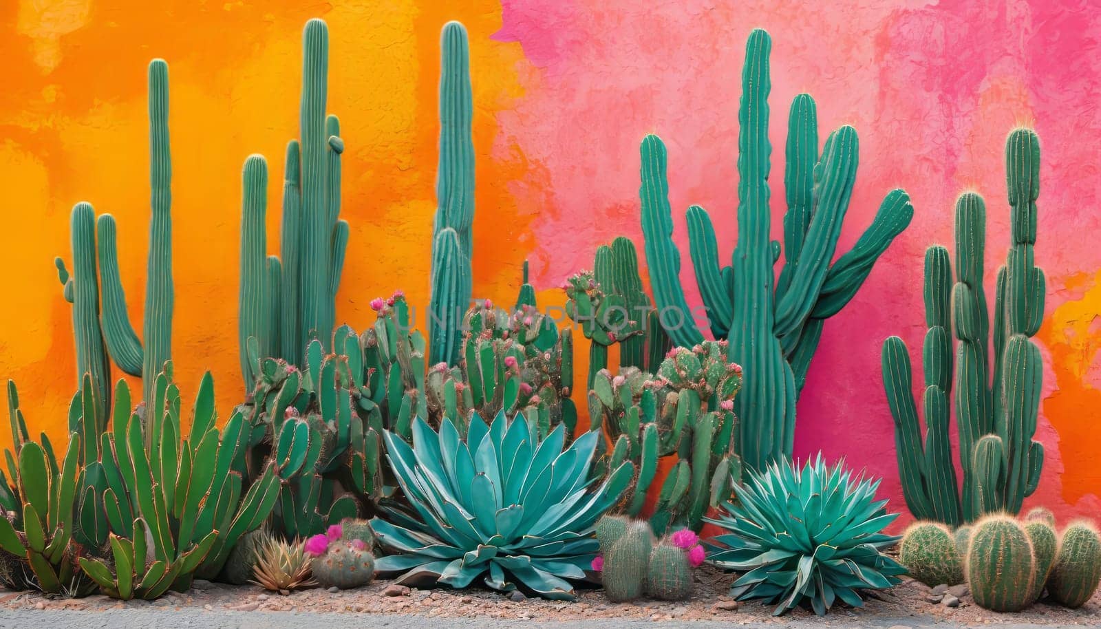 Vivid cacti pop against a backdrop of colorful wall