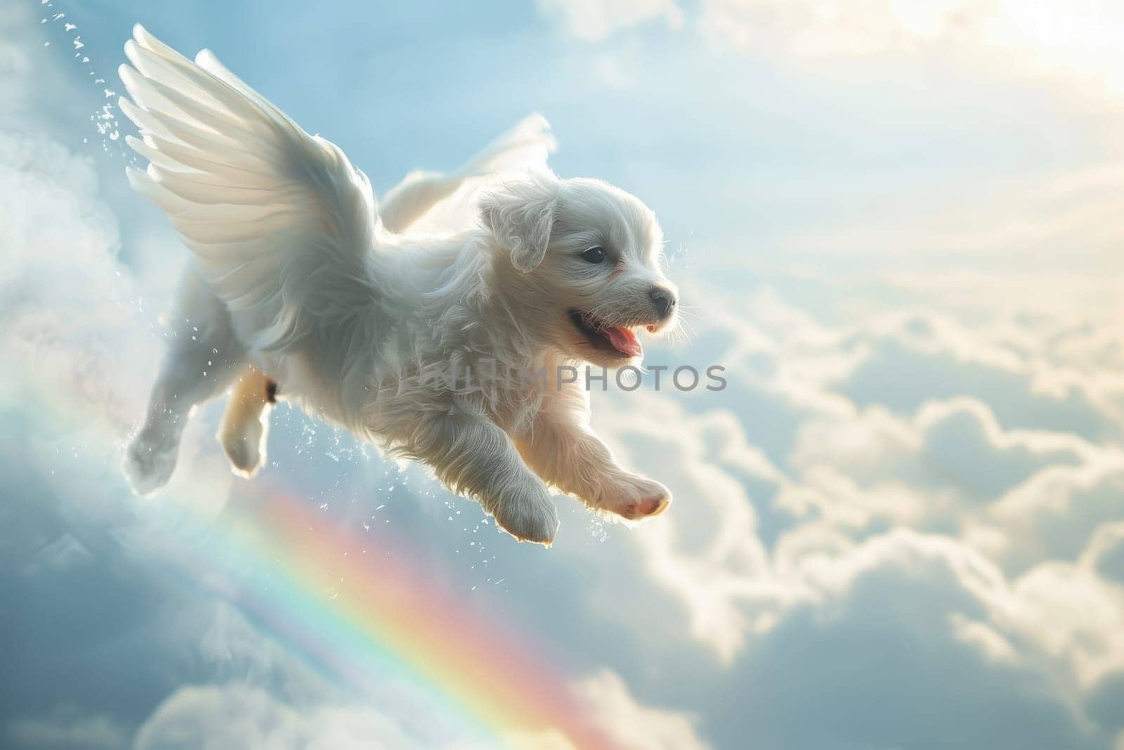 A small dog is flying through the sky with a rainbow in the background. Scene is joyful and playful, as the dog is having a great time soaring through the clouds