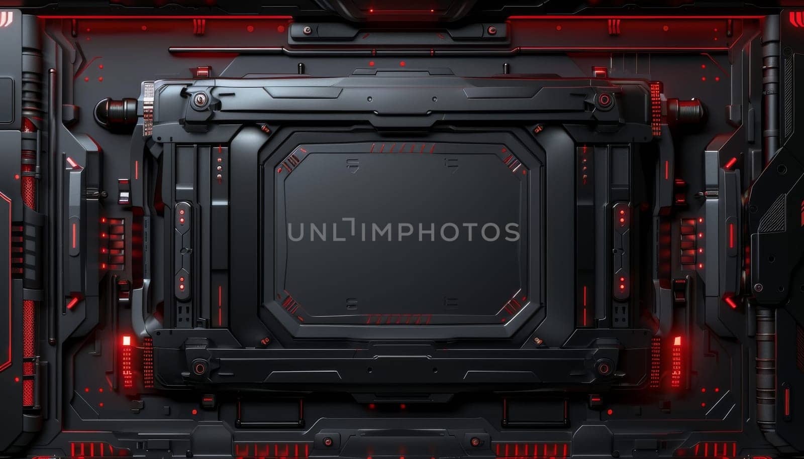 A black and red image of a futuristic computer monitor. The image is abstract and futuristic, with a sense of technology and innovation