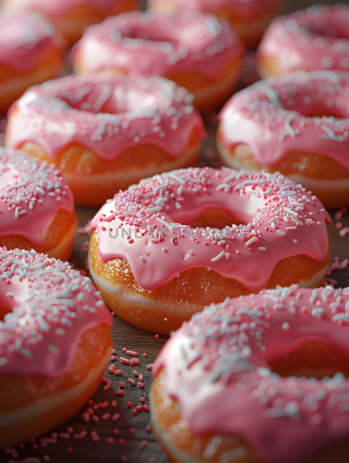A delightful dessert made of fried dough, topped with pink frosting and sprinkles. Donuts are a popular finger food loved by many
