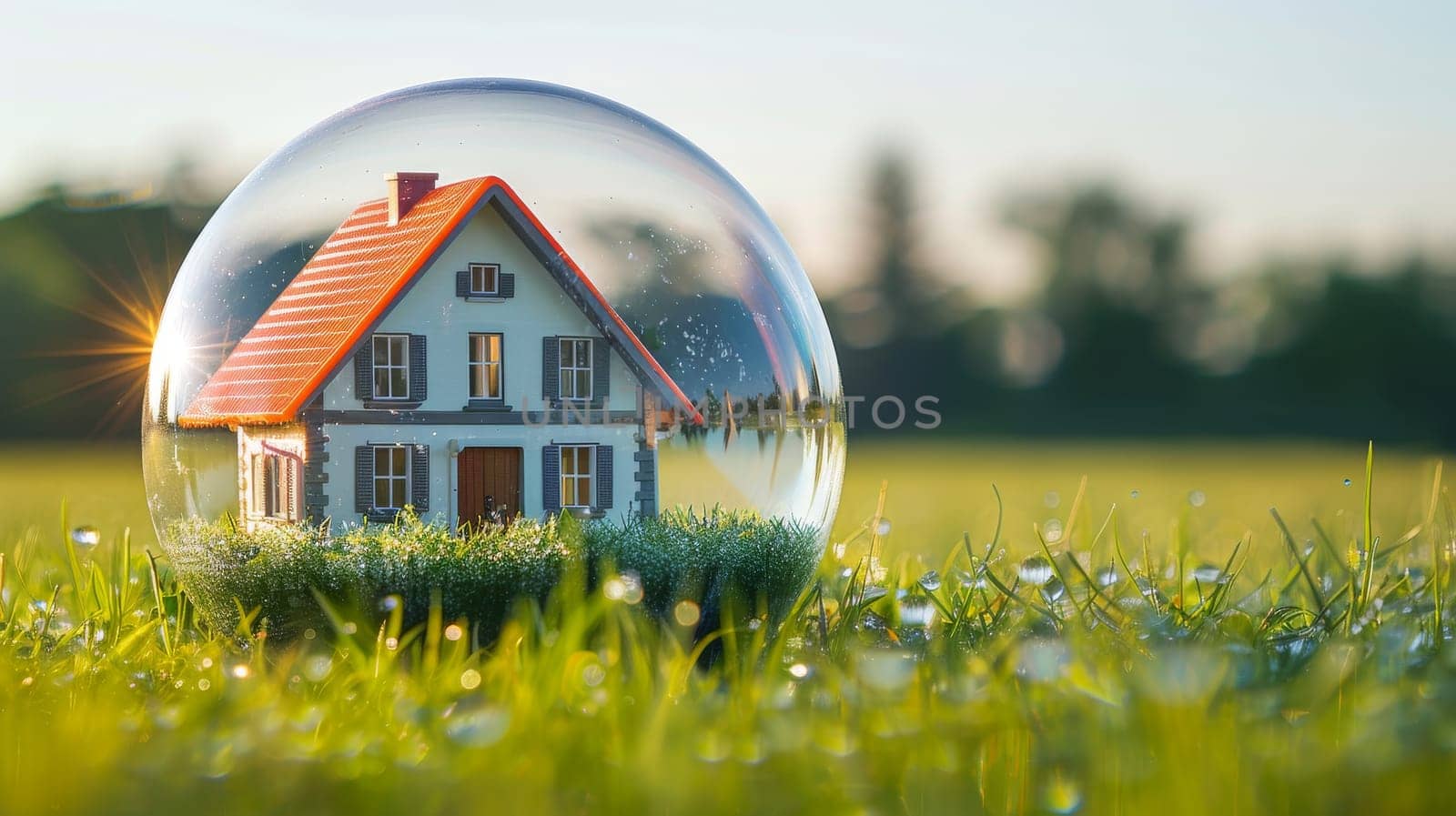 A hand is holding a glass ball with a house inside. The house is small and he is made of glass. Concept of fragility and delicacy, as the house inside the ball is easily breakable