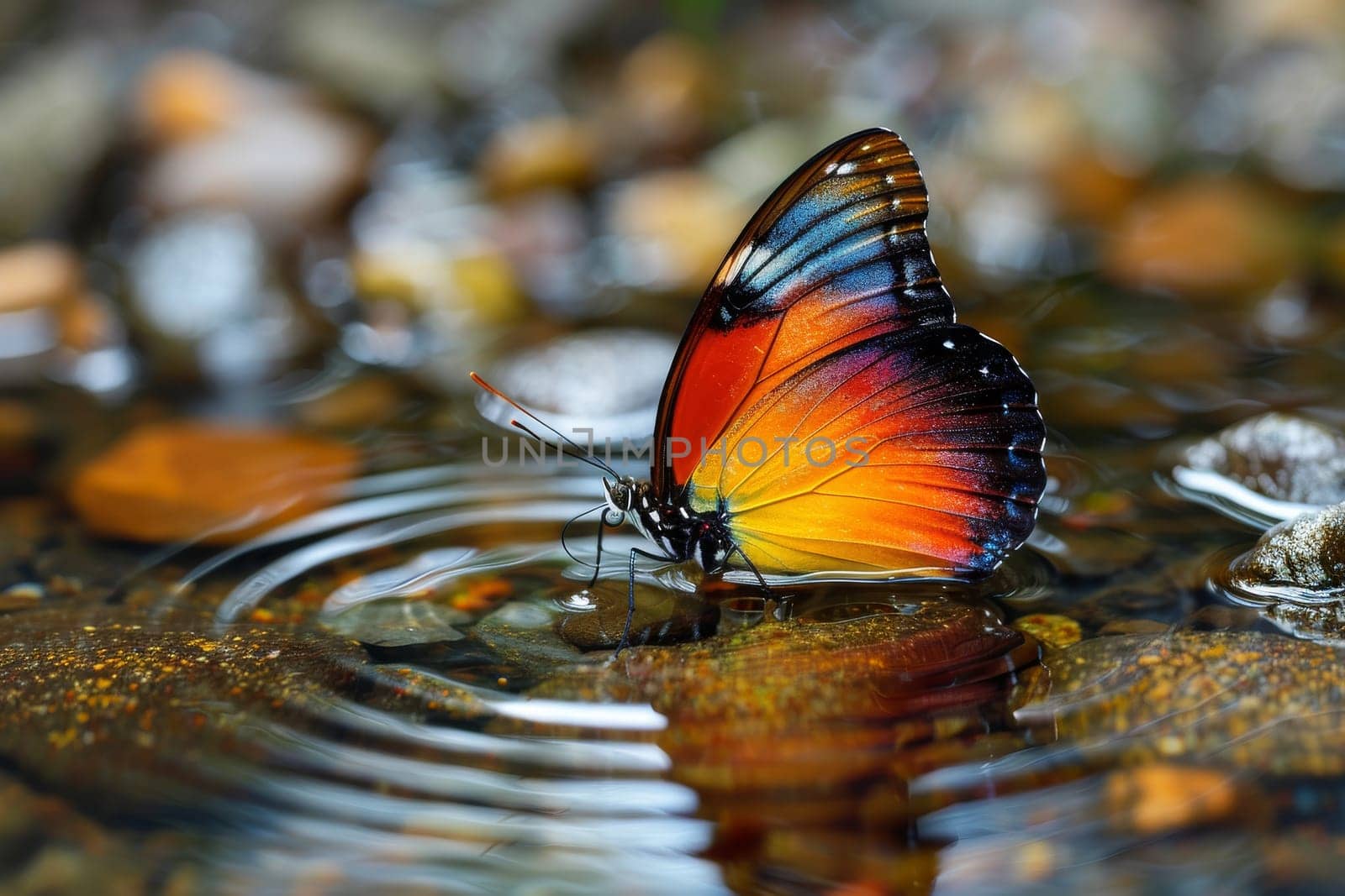 A colorful butterfly is floating on a body of water. The butterfly is surrounded by rocks and the water is splashing around it. The scene is peaceful and serene