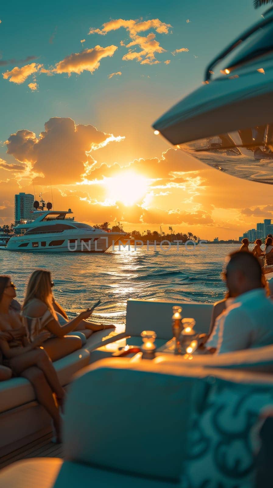 Two women are relaxing on a boat with a view of the ocean. One of them is reading a book while the other is drinking a beverage. The atmosphere is calm and peaceful